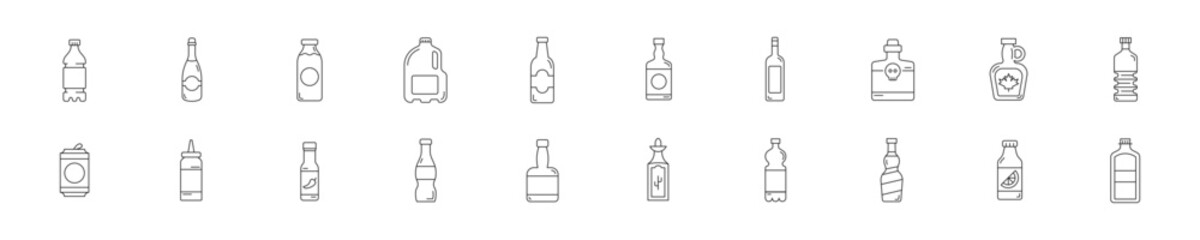 Wall Mural - Set of icons with different bottles in linear style. Vector illustration.