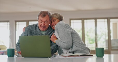 Sticker - Laptop, smile and senior couple networking on social media, website or the internet together. Happy, smile and elderly man and woman in retirement watching funny video on computer for bonding at home