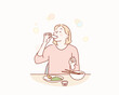 eat breakfast. Woman Eating Delicious Meal. Hand drawn style vector design illustrations.