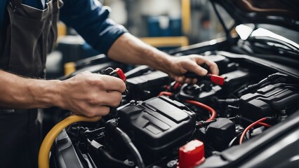 Wall Mural - the hands of an auto mechanic working on the repair and maintenance of an electric car