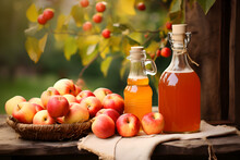 Homemade Apple Cider Juice Vinegar In A Bottle With Fresh Apples. Rustic Lifestyle Outdoor Image With Alcohol Beverage 