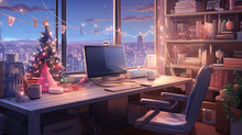 Computer On A Desk With Christmas Decoration Light And Christmas Tree Lofi Anime Cartoon Style
