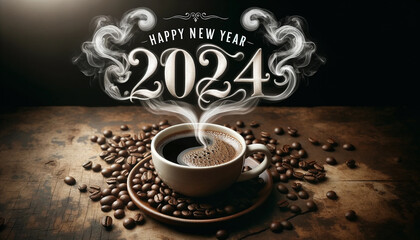 An image a freshly brewed coffee cup on a rustic table, text happy new year 2024 - Generative AI