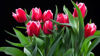 Poster - Tulip flowers bunch. Blooming red with white tulips flower isolated on black background. Big bouquet of tulips. Holiday gift, birthday. Buds of Beautiful flowers. Valentine's Day gift, Easter concept 