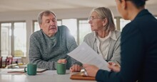 Senior Couple, Lawyer And Documents With Discussion For Investment, Will Or Life Insurance In Home. Attorney, Old Man And Elderly Woman With Paperwork, Contract Or Negotiation For Property In House