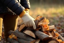 Man cut firewood in forest. Preparing wood for heating home fireplace. Generate ai