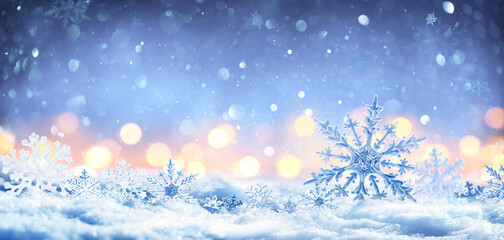 Wall Mural - snowflakes on snow with bokeh of christmas lights - real snowdrift and acrylic crystals - this image