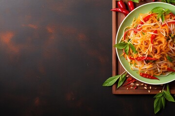 Thai food (Som tum), Spicy green papaya salad.Top view