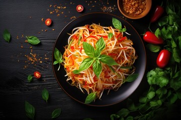 Thai food (Som tum), Spicy green papaya salad.Top view