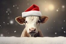 A Cow Wearing Christmas Hat. Christmas Greeting Card With Cow. Isolated On Background. 