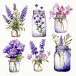 © MdKamrul - Collection of watercolor mason jars with purple flowers clipart.