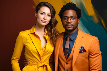 Man and woman in yellow outfits posing for picture.