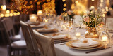 Fototapeta  - Elegante y selecta mesa de restaurante.
Mesa decorada para celebración de navidad y año nuevo. Luz suave y ambiente romántico. Ai generado.