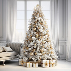 Gran pino blanco de Navidad decorado con plata y oro. regalos en el suelo.
Elegante casa decorada para Navidad.