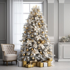 Gran pino blanco de Navidad decorado con plata y oro. regalos en el suelo.
Elegante casa decorada para Navidad.