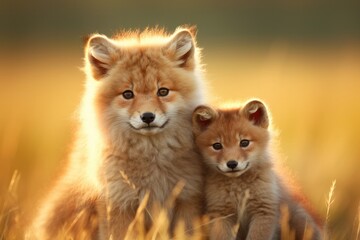 Poster - A couple of foxes sitting next to each other in a field. Generative AI.