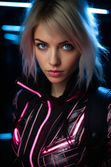 Sticker - Woman with blonde hair and futuristic outfit is posing for picture.