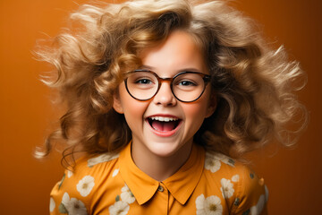 Poster - Young girl with glasses and yellow shirt is smiling.