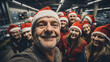 © Allistair/Peopleimages - AI - Selfie of happy volunteers or workers in warehouse. Wearing christmas caps smiling.