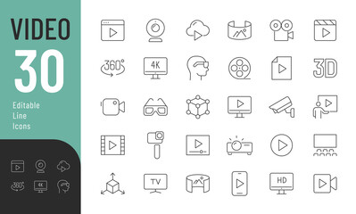 Video Line Editable Icons set. Vector illustration in thin line modern style of movie related icons: gadgets for video shooting and playback, video formats, web camera and outdoor surveillance camera.