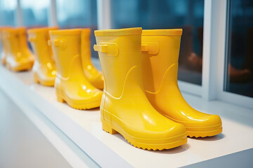 Closeup Childs Yellow Rubber Boots In Various Weather Conditions