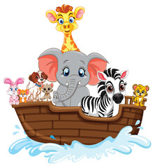 Sticker - Wild Animals in Wooden Boat: A Vector Cartoon