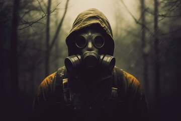 Wall Mural - A man in a hooded suit and with a gas mask on his face stands near a gloomy forest