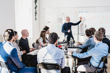 Relaxed informal IT business startup company meeting. Team leader discussing and brainstorming new approaches and ideas with colleagues. Startup business and entrepreneurship concept.