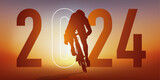 Fototapeta Młodzieżowe - Concept du sport sur le thème du cyclisme pour une carte de vœux 2024, montrant un cycliste qui sprint pour passer la ligne d’arrivée.