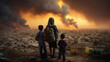 scène dramatique d'une famille de réfugiés qui fuit et regarde leur ville en guerre sous les bombardements