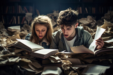 Canvas Print - Students trying to read from tattered and torn textbooks, visibly frustrated