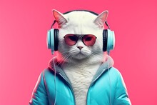 Cool Cat With Sunglasses And Headphones On Pink