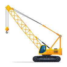 Lifting Crane Vector Illustration. Heavy Machinery Construction Vehicle Isolated On White Background