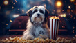 Super cute dog watching movie in the cinema. AI generated image.