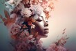 © nsit0108 - Model with head decorated with flowers. Artistic gorgeous pink floral hairstyle. Generate ai
