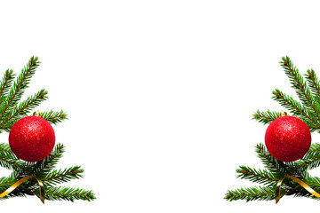 Poster - Christmas tree branches with red balls in PNG isolated on transparent background, frame