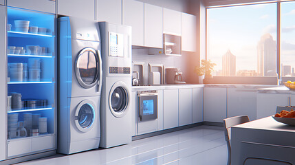 Wall Mural - 3D product commercial render of modern home appliances, including refrigerators, ovens, or smart home devices, emphasizing their innovative features and usability