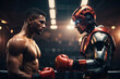 Boxers robot versus human in the ring. Confrontation between artificial intelligence and a man