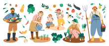 Eat Local Vector Illustration Set. Organic Farming With People Farmers Doing Farming Job, Planting, Local Organic Production, Fruits And Vegetables, Agriculture And Gardening, Modern Farmers Market.