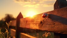 A Ladybug Illuminated By The Soft Light Of A Golden Hour Sunset, Resting On A Wooden Fence, Creating A Warm, Picturesque Scene In A