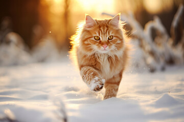 Cute fluffy red cat running in snowy winter forest on sunny evening.