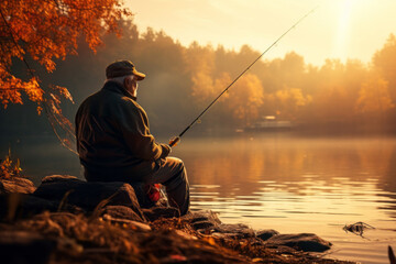 Senior man fishing on the lake on sunny autumn evening. Elderly fisherman spending time in nature. Leisure and hobbies for retired people.