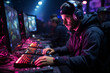 Professional e-sports player at an online game tournament. The cyber team plays computers. Cybersports.