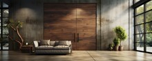 In This Modern Minimalist Living Room With A Large Old Wooden Door, Doors With Architrave, And Stains On The Door, There Is A Minimalist Style And Futuristic Interior Design.