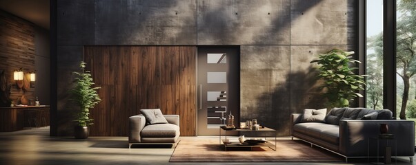 Wall Mural - In this modern minimalist living room with a large old wooden door, doors with architrave, and stains on the door, there is a minimalist style and futuristic interior design.