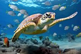 Fototapeta Do akwarium - Turtle closeup with school of fish.