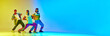 Hip hop dancers. Three men in stylish vintage sportswear and accessories posing against gradient yellow blue background in neon light. Concept of sportive and active lifestyle, humor, retro style. Ad