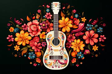 Colorful Floral Guitar Illustration on Black Background
