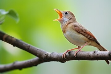 Wall Mural - close-focus shot of a nightingale singing on a branch