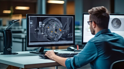 Over the Shoulder Shot of Engineer Working with Software on Desktop Computer, Screen Shows Technical Details and Drawings. In the Background Engineering Facility Specialising on Industrial Design